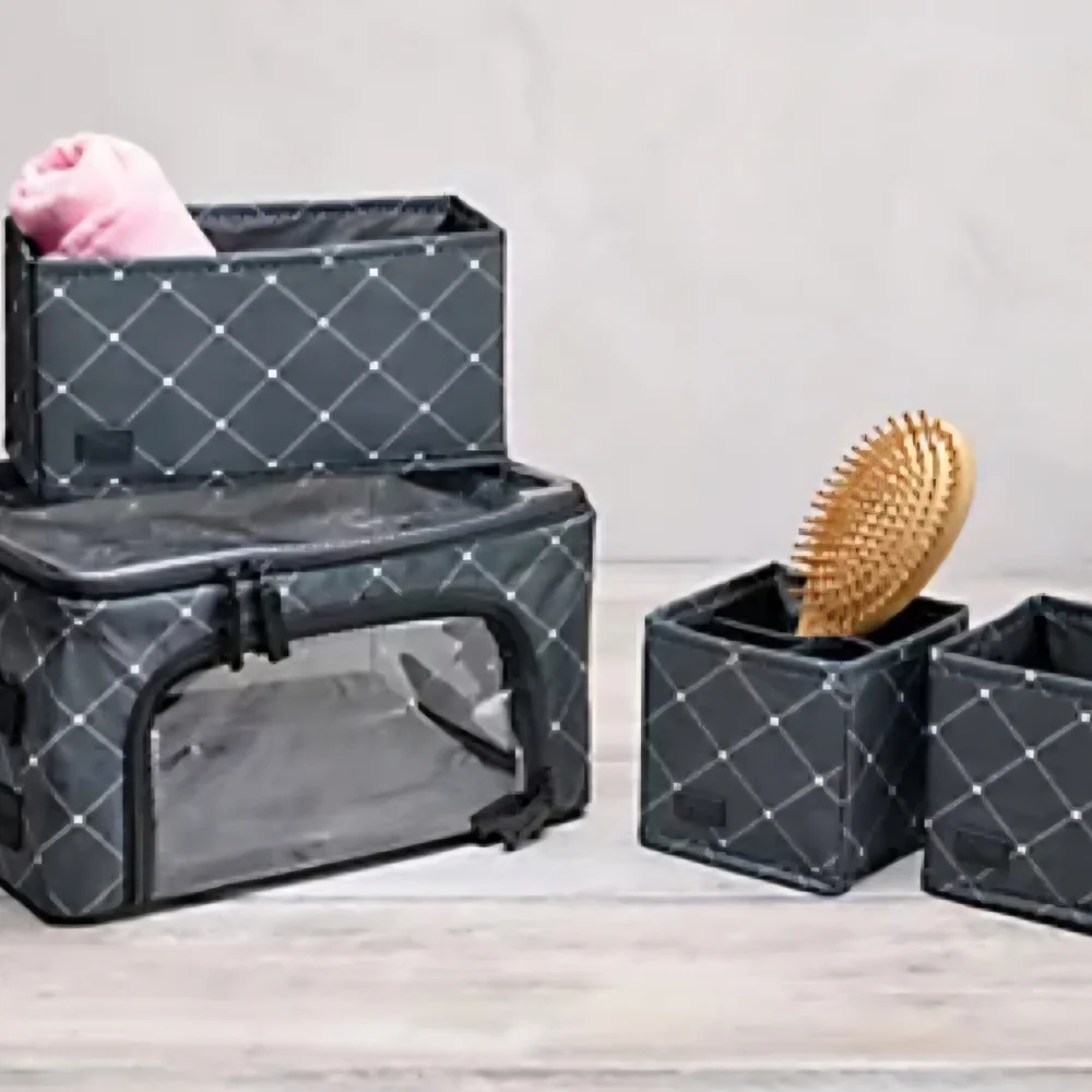 Elegant White Quilted Makeup Organizer Set with Clear Front